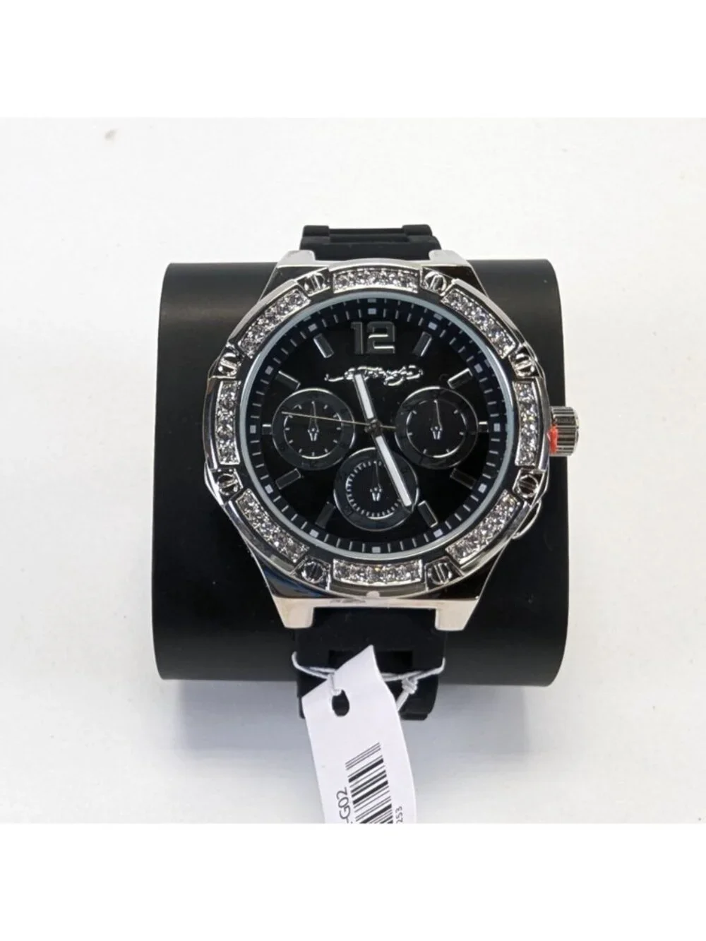 Ed Hardy Mens Black Dial Watch Rhinestone Bezel w Silicone Band NIB